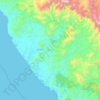 Mapa topográfico Tomatlán, altitud, relieve