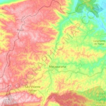 Mapa topográfico Macaparana, altitud, relieve