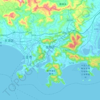 Mapa topográfico 吉阳区, altitud, relieve