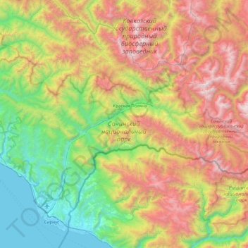Mapa topográfico Адлерский внутригородской район, altitud, relieve
