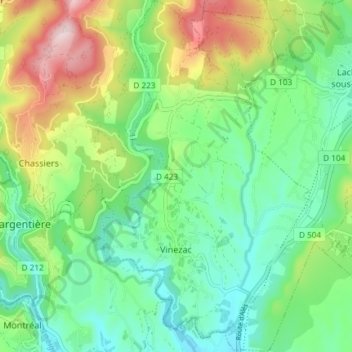 Mapa topográfico Vinezac, altitud, relieve
