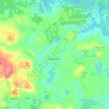 Mapa topográfico Sandown, altitud, relieve