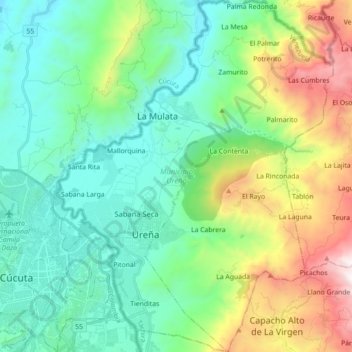 Mapa topográfico Municipio Ureña, altitud, relieve