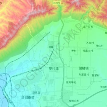 Mapa topográfico 樊村镇, altitud, relieve