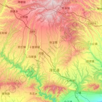 Mapa topográfico 淳化县, altitud, relieve