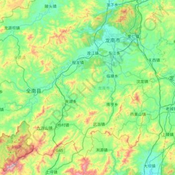 Mapa topográfico 龙南市, altitud, relieve