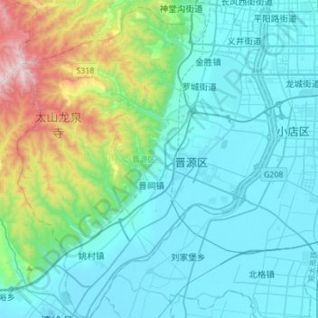 Mapa topográfico 晋源区, altitud, relieve