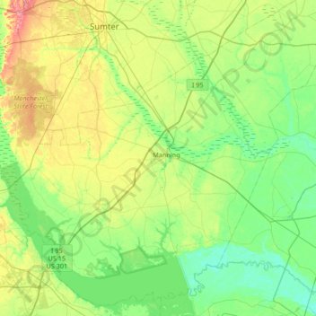 Mapa topográfico Clarendon County, altitud, relieve