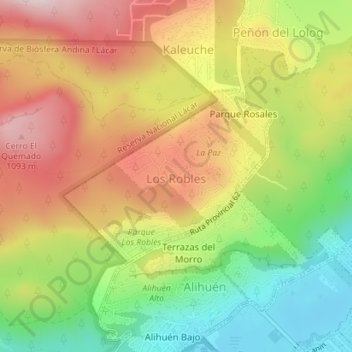 Mapa topográfico Los Robles, altitud, relieve