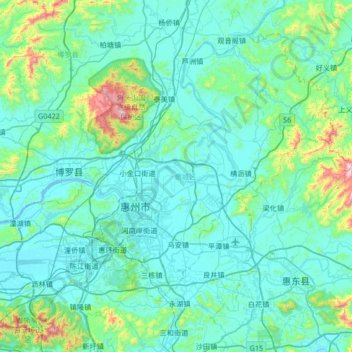Mapa topográfico 惠城区, altitud, relieve