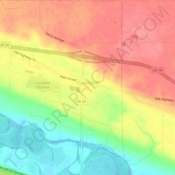 Mapa topográfico Courtland, altitud, relieve