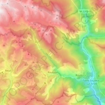 Mapa topográfico Roubion, altitud, relieve