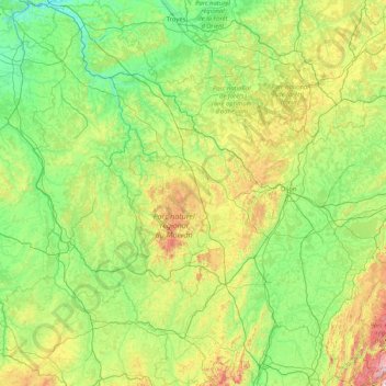 Mapa topográfico Borgoña, altitud, relieve