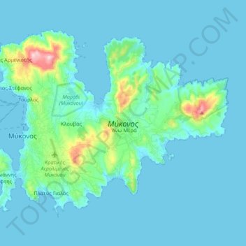 Mapa topográfico Mykonos, altitud, relieve
