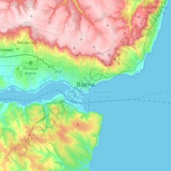 Mapa topográfico Varna, altitud, relieve