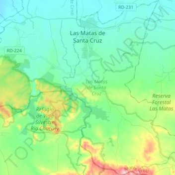 Mapa topográfico Las Matas de Santa Cruz, altitud, relieve