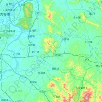 Mapa topográfico 青原区, altitud, relieve