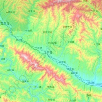 Mapa topográfico 汉阴县, altitud, relieve