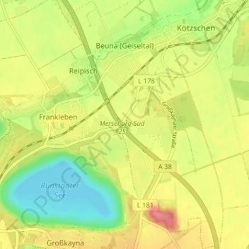 Mapa topográfico Beuna (Geiseltal), altitud, relieve