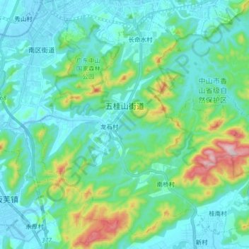 Mapa topográfico 五桂山街道, altitud, relieve
