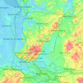 Mapa topográfico Bremen, altitud, relieve