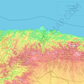 Mapa topográfico Asturië, altitud, relieve