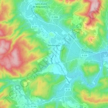 Mapa topográfico Goudargues, altitud, relieve