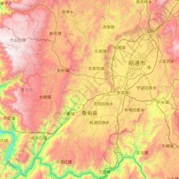 Mapa topográfico 鲁甸县, altitud, relieve