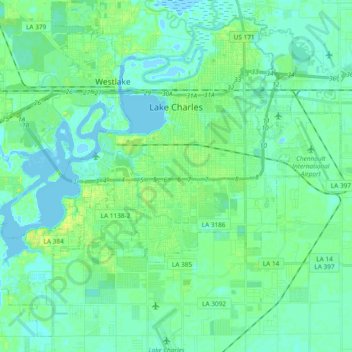 Mapa topográfico Lake Charles, altitud, relieve