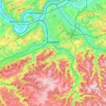 Mapa topográfico Hagen, altitud, relieve
