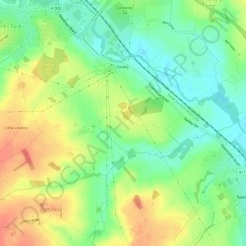 Mapa topográfico Badley, altitud, relieve