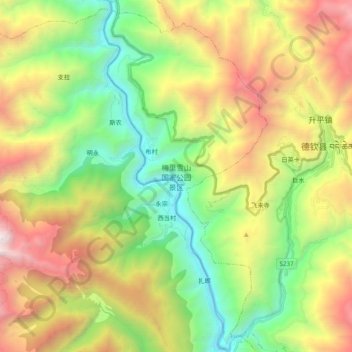 Mapa topográfico 梅里雪山国家公园景区, altitud, relieve