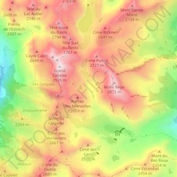 Mapa topográfico Zone réglementée des Merveilles, altitud, relieve