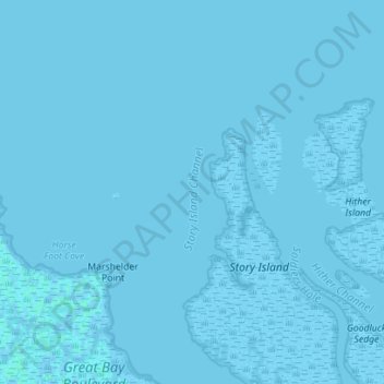 Mapa topográfico Story Island Channel, altitud, relieve