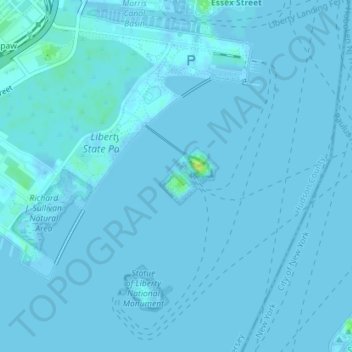 Mapa topográfico Ellis Island, altitud, relieve