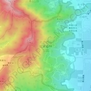 Mapa topográfico 北京西山国家森林公园, altitud, relieve