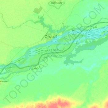 Mapa topográfico Río Meta, altitud, relieve