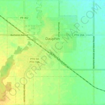 Mapa topográfico Dauphin, altitud, relieve