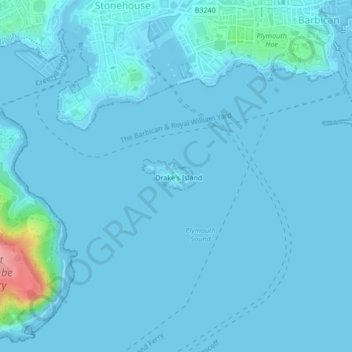 Mapa topográfico Drake's Island, altitud, relieve
