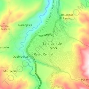 Mapa topográfico San Juan de Colón, altitud, relieve