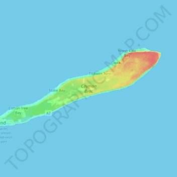 Mapa topográfico Cayman Brac, altitud, relieve