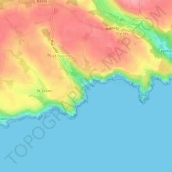Mapa topográfico Porthcurno, altitud, relieve