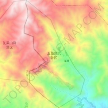 Mapa topográfico 五岳寨风景区, altitud, relieve