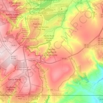 Mapa topográfico Jardim Botânico de Brasília, altitud, relieve