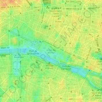 Mapa topográfico Jardin des Tuileries, altitud, relieve