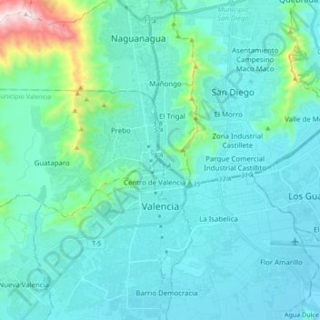 Mapa topográfico Valencia, altitud, relieve