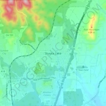 Mapa topográfico Shasta Lake, altitud, relieve