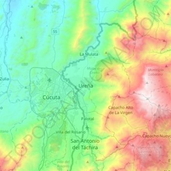 Mapa topográfico Ureña, altitud, relieve