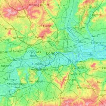 Mapa topográfico Londres, altitud, relieve