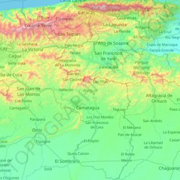 Mapa topográfico Aragua, altitud, relieve